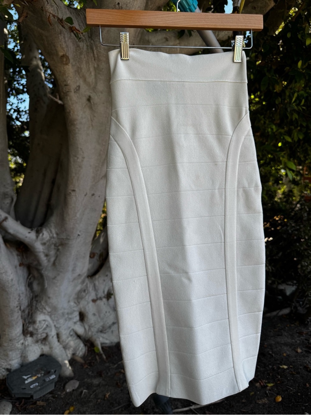 Bebe White Bandage Midi Pencil Skirt Size S High Waist Bodycon Stretch